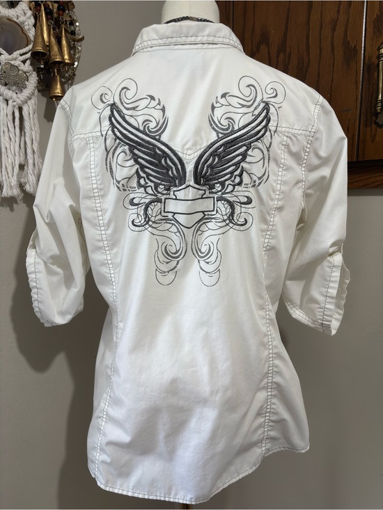 Harley-Davidson Tops - Harley Davidson White Winged Button Up Shirt Large Biker Moto Western Boho